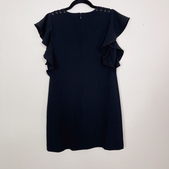 Laundry by Shelli Segal 8 Black Lace Shoulder Dress Crepe Shift Ruffle Sleeves - Picture 2 of 8